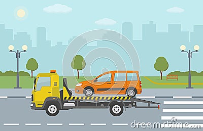 Orange car on tow truck, on city background. Vector Illustration