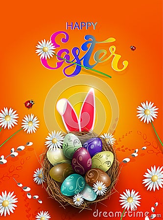 Orange card with Easter eggs in a nest, bunny ears Vector Illustration