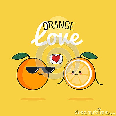 Orange cartoon characters, Cute fruit couple, Vintage poster flat design with Vector illustration Cartoon Illustration