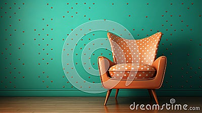 Contemporary Orange Chair With Turquoise Polka Dot Background Stock Photo