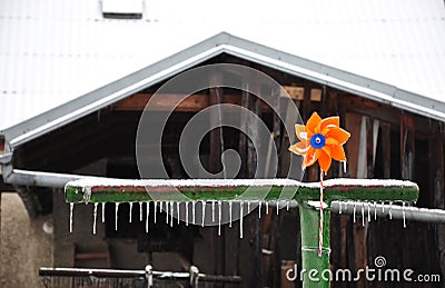 Baby orange propeller with ice icicles. Stock Photo