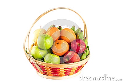 Orange, Chinese pear, banana, red apple and green apple in wicker basket on white background fruit health food isolated Stock Photo