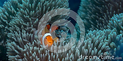 Orange clown fish hiding in an anemone Stock Photo