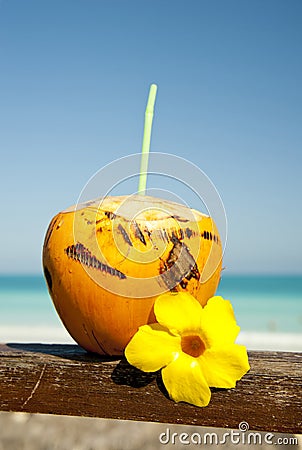 Orange coconut on the beach Stock Photo