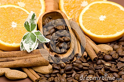 Orange, coffee, cinnamon and almonds Stock Photo