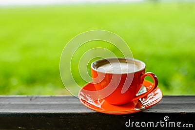 Orange coffee cup with nature bokeh Stock Photo