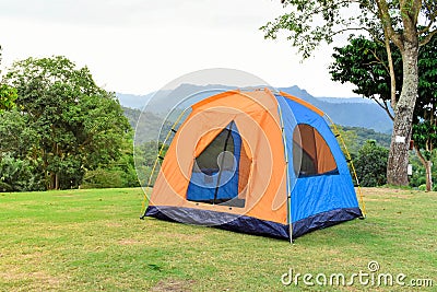 Orange color family camping tent with ground sheet setup on green park campsite Stock Photo