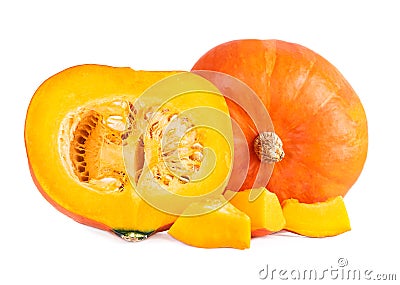 Orange color hokkaido pumpkins whole halved and slices on white Stock Photo