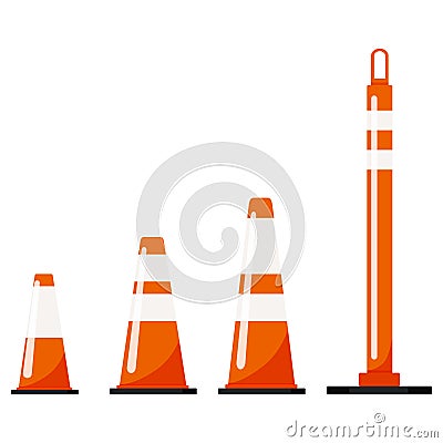 Orange color plastic road traffic cone set isolated on white background. Vector Illustration