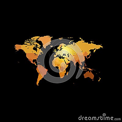 Orange color world map on black background. Globe design backdrop. Vector Illustration