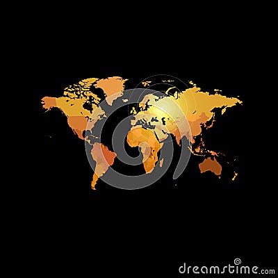 Orange color world map on black background. Globe design backdrop. Vector Illustration