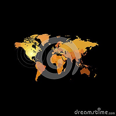 Orange color world map on black background. Globe design backdrop. Vector Illustration