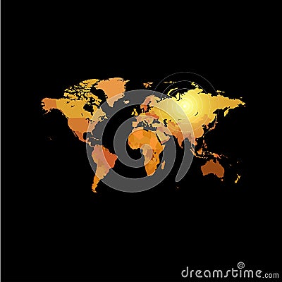 Orange color world map on black background. Globe design backdrop. Cartography element wallpaper. Geographic locations Vector Illustration