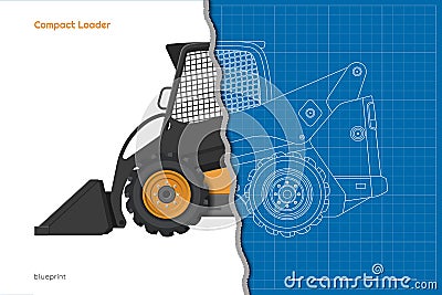 Orange compact loader. Outline side view. Isolated drawing of mini bulldozer. Industrial 3d blueprint of loading machine Vector Illustration