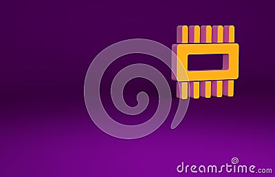 Orange Computer processor with microcircuits CPU icon isolated on purple background. Chip or cpu with circuit board Cartoon Illustration