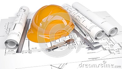 Orange construction helmet on the drawings Stock Photo
