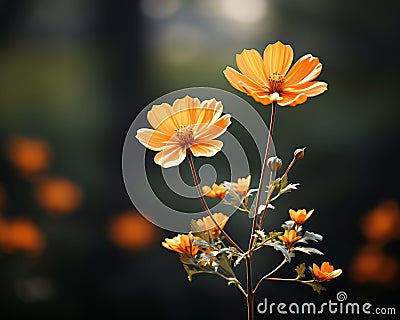 orange cosmos flowers in the sun with blurry trees in the background Stock Photo