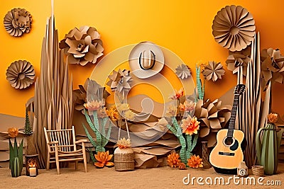 Orange cowboy theme and poaper decorations, smash cake backdrop Stock Photo