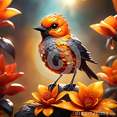 Orange crystal little bird, detailed body. Red and yellow jamaica flower background Stock Photo
