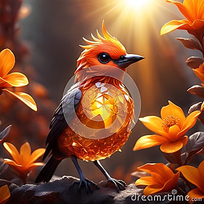 Orange crystal little bird, detailed body. Red and yellow jamaica flower background Stock Photo