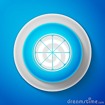 Orange in a cut. White Citrus fruit icon isolated on blue background. Healthy lifestyle. Circle blue button with white Vector Illustration