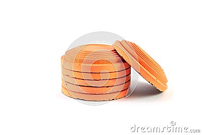 Orange cymbals for trap shooting on white background Stock Photo