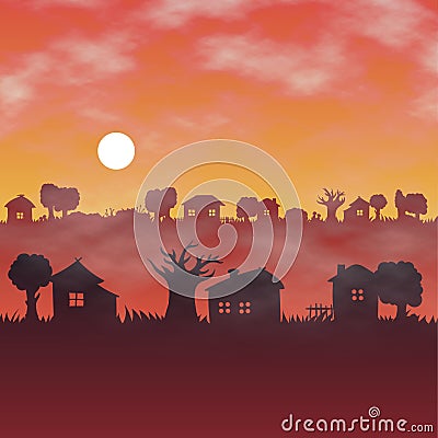 Orange dawn daylight, foggy endless landscape Stock Photo