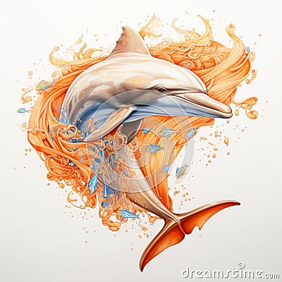 Orange Dolphin Jumping In Air - Detailed Portraiture Artwork Cartoon Illustration