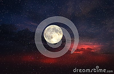 Big moon Dramatic Orange sunset cloudy sky night starry sky moon universe cosmic dramatic cloud Stock Photo