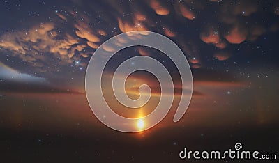 Orange dramatic cloudy sky sunset night starry sky moon universe cosmic dramatic clouds Stock Photo