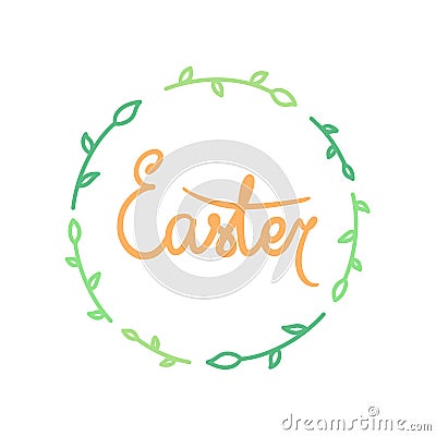 Orange Easter hand drawn calligraphy with green leaves. Modern design for holiday greeting card, invitation on white background. Vector Illustration