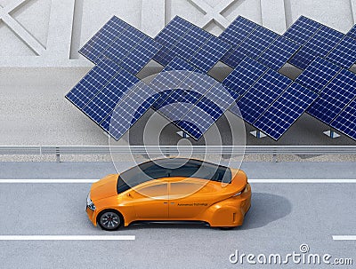 Orange electric car driving on the highway Stock Photo