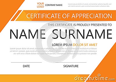 Orange Elegance horizontal certificate with Vector illustration ,white frame certificate template with clean and modern pattern Vector Illustration