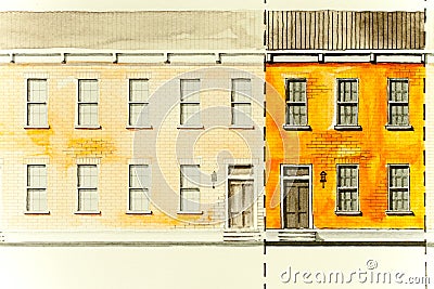 Orange elevation architectural sketch drawing of block housing with roofs, windows, entry doors and brick textures Stock Photo