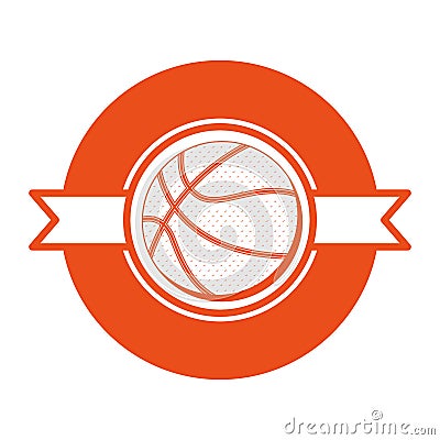 Orange emblem with basketball ball and ribbon in middle Vector Illustration