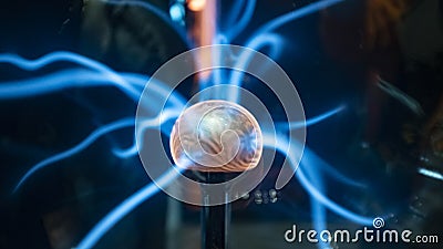 Orange energy sphere ball with blue plasma lightning rays Stock Photo