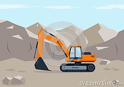 Orange excavator digs soil near mountains. Vector Illustration