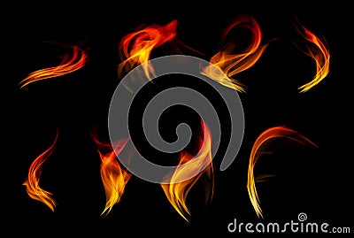 Orange fire or flames isolated on black background. Stock Photo