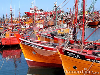 Orange fishing boats in the harbor of Mar del Plata, Argentina. Editorial Stock Photo