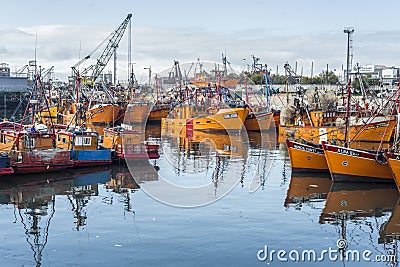 Orange fishing boats in Mar del Plata, Argentina Editorial Stock Photo