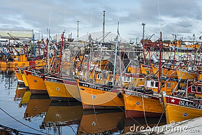 Orange fishing boats in Mar del Plata, Argentina Editorial Stock Photo