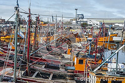 Orange fishing boats in Mar del Plata, Argentina Editorial Stock Photo