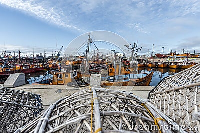 Orange fishing boats in Mar del Plata, Argentina Editorial Stock Photo