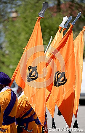 Orange flag with symbol of Sikh called Khanda Stock Photo