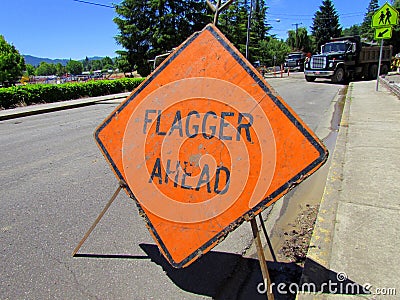 Flagger Ahead Sign Stock Photo