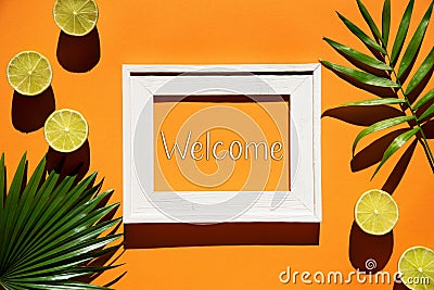 Orange Flat Lay, Picture Frame, Lemon, Text Welcome Stock Photo