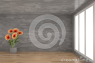 Orange flower in concrete room with window in 3D rendering Stock Photo