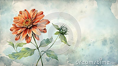 Watercolor Zinnia Flower On Blue Background Cartoon Illustration