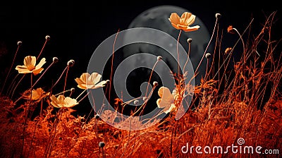 Orange Moon: A Dark And Spooky Floral Landscape Stock Photo