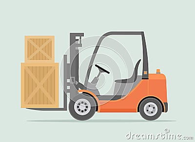 Orange Forklift truck isolated on light green background. Warehouse Equipment, cargo delivery, storage service. Vector Illustration